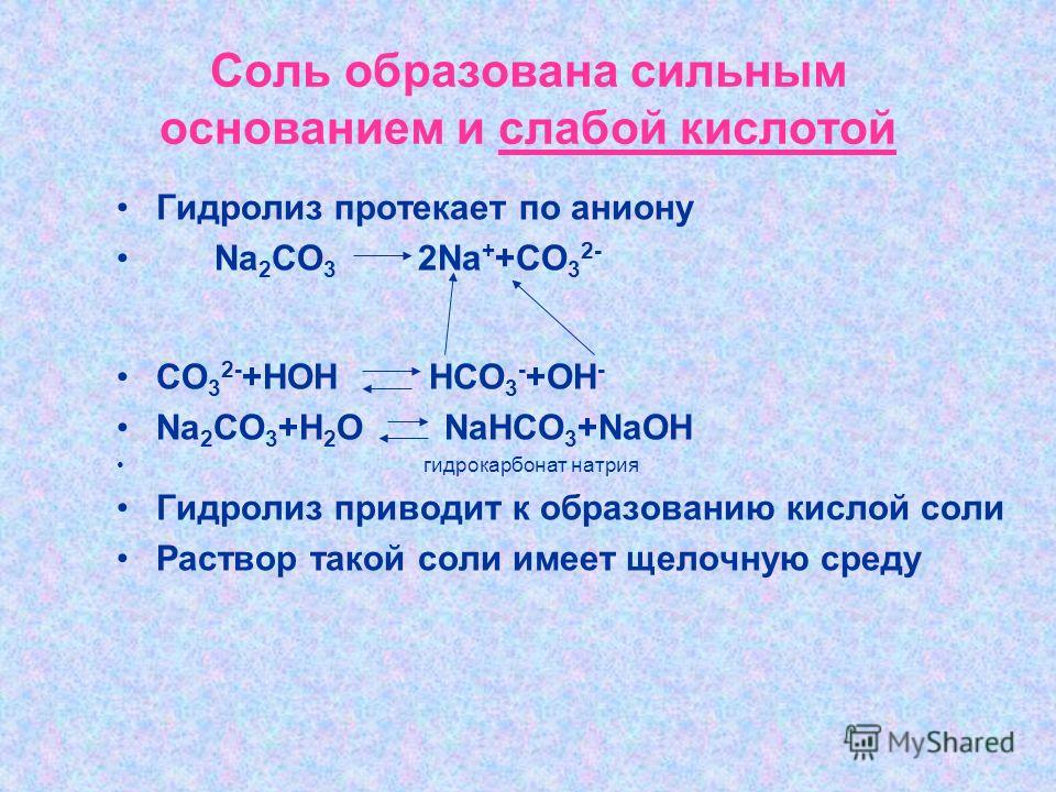 Виды растворов соли. Hco3 гидролиз. Соли образованные сильным основанием и слабой кислотой. Гидролиз соли слабого основания и слабой кислоты. Сильные и слабые кислоты основания соли.