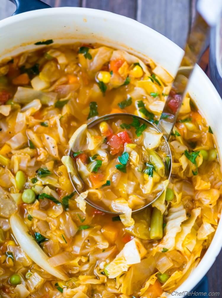 easy vegetarian cabbage soup recipe made with fresh ingredients and ready in just 25 minutes 