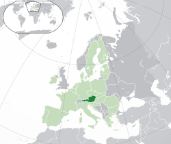 Location of  Austria  (dark green) – on the European continent  (green & dark grey) – in the European Union  (green)  —  [Legend]