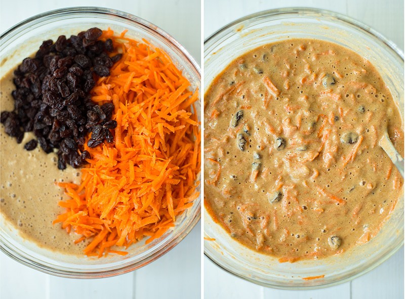 Bowl of grated carrots and raisins to be mixed in the healthy carrot cake batter on the left and, on the right, the healthy carrot cake recipe batter is mixed.