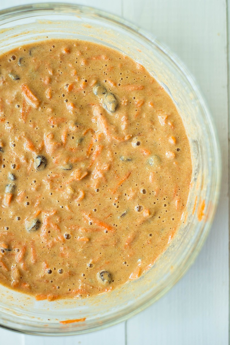 Close up photo of healthy carrot cake batter, ready to be poured into a baking tray 