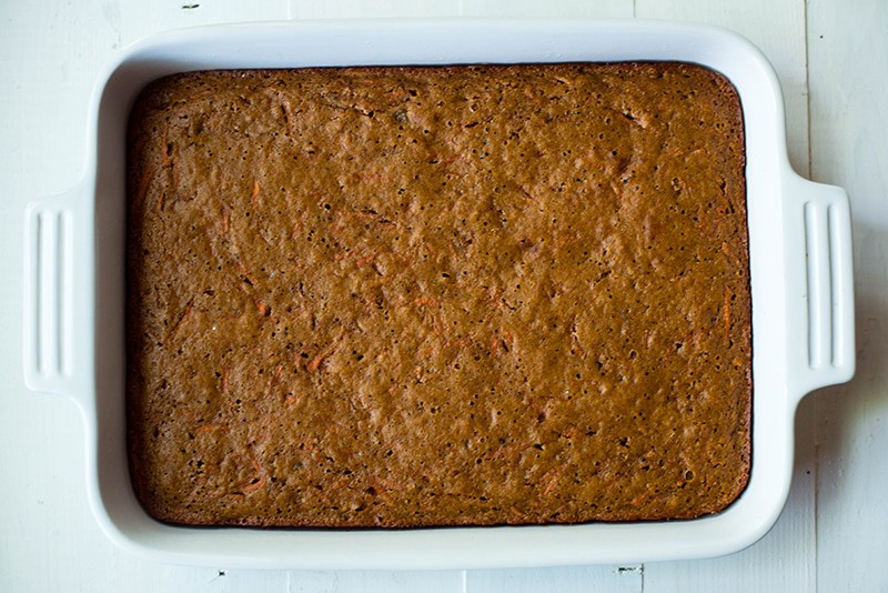 High angle photo of the baked healthy carrot cake, ready to be garnished with frosting 