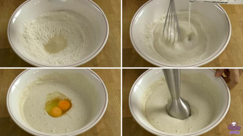 Poffertjes recipe steps; yeast added to a bowl of flour, milk being added to a bowl of flour while being whisked, eggs added to a batter, batter being mixed with a handheld mixer. 