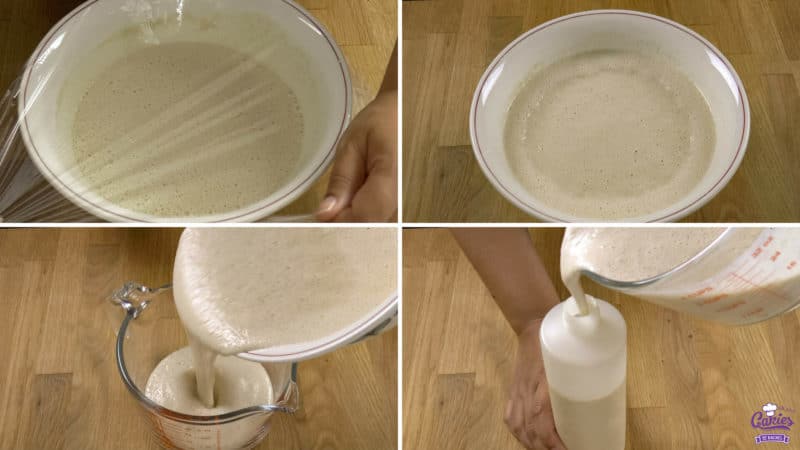 Poffertjes recipes steps; bowl with batter being covered with plastic wrap, batter that has been rested shown in the bowl, batter being poured into a jug and a dispenser bottle. 